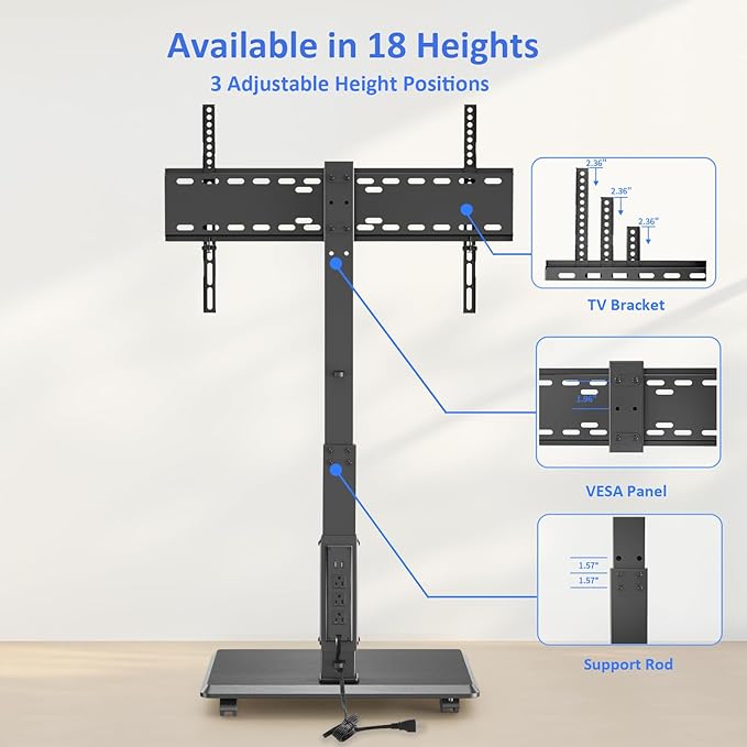 Afaloona Rolling TV Stand with Power Outlet, Mobile TV Stand for 32-75 Inch TVs up to 110 lbs, 30° Swivel TV Floor Stand, 18 Adjustable Heights, TV Cart on Wheels for Bedroom, Office, Outdoor, Black