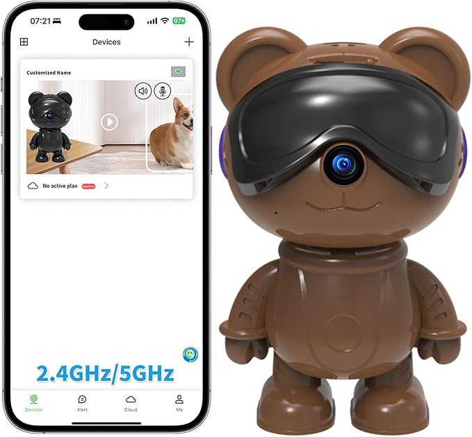 dzcctvipc Cute Bear 2K Robot & Pet Camera – Hidden Indoor Security, Motion & Baby Cry Detection, Privacy Mode, 5G Dual-Band, Pan & Tilt, Full HD Night Vision, 24/7 Recording, 2-Way Audio