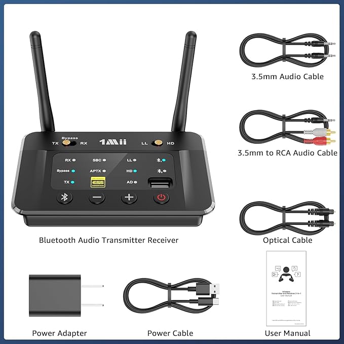 1Mii B03S Bluetooth 5.3 Transmitter Receiver for TV Home Stereo, Wireless Audio Adapters with Audiophile DAC, aptX Adaptive/LL/HD, Dual Link, Optical RCA AUX 3.5mm Inputs/Outputs