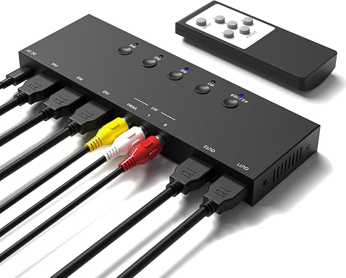 RuiPuo 4In to 2Out HDMI/AV Switch (1 AV Input+3 HDMI 2.0 Inputs) RCA to 2Port HDMI Converter for PS1/2/3/4/5, N64, SNES, Switch, DVD, Roku etc.