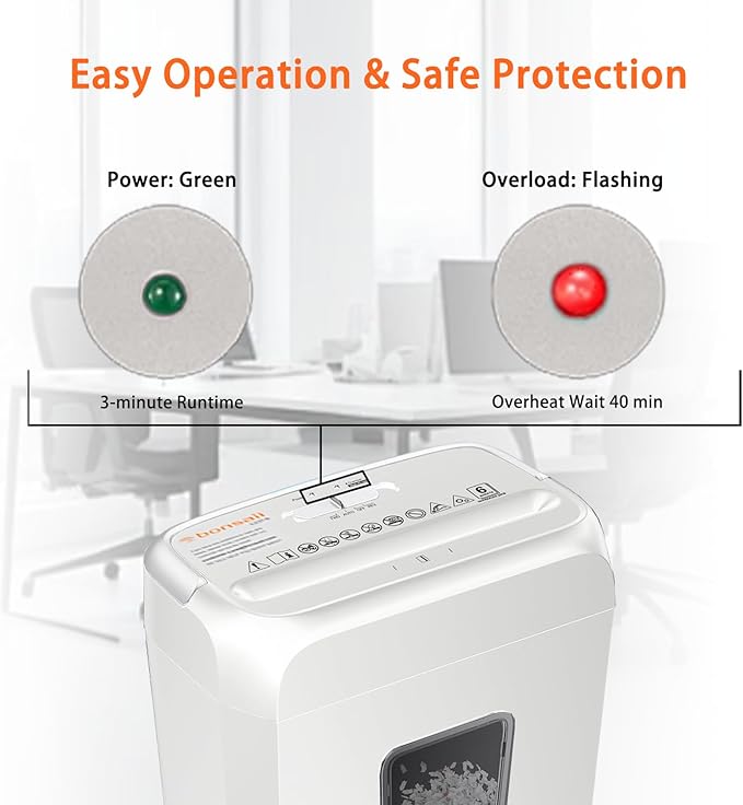 Bonsaii Low Noise Operation Paper Shredder, 6-Sheet Cross-Cut, Credit Card Shredder, Home Office, Handle for Document, Mail, Staple, 3.4 Gal Wastebasket, Easy-Carry Handle, White