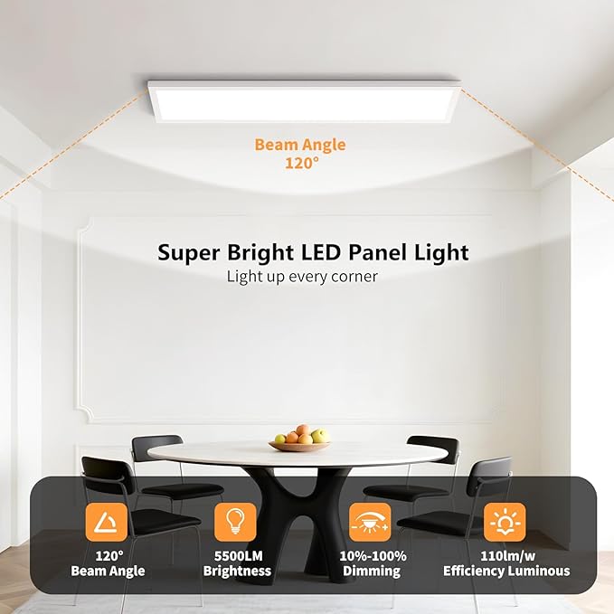 AIKVSXER 6 Pack 1x4 LED Flat Panel Light, 50W 5500LM Surface Mount Ceiling Fixture, 3CCT (3000K/4000K/5000K), Ultra-Thin 48In, 10-100% Triac Dimmable for Kitchen, Garage, Office, Basement