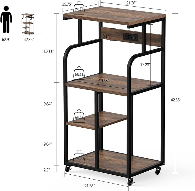VEDECASA Large Printer Stand Cart with Charging Station USB Port 21.2"x15.7"x42.3" Rolling Tall 3-Tier Printer Stand with Adjustable Shelf Storage Home Office