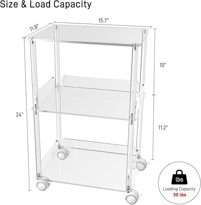 HMYHUM Acrylic Printer Stand, 3 Tier Clear Printer Cart with Lockable Wheels, Multifunctional Printer Table for Office & Home, Modern, 15.7" L x 11.8" W x 24" H