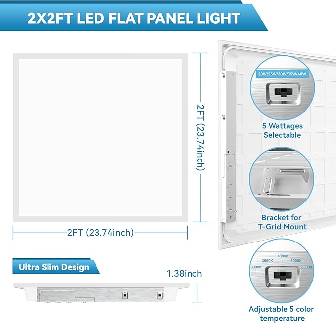 Msbfi 2x2 LED Flat Panel Light - 48 Pack Drop Office Ceiling Light 30-35-40W Adjustable, 130LM/W 3500K/4000K/5000K Selectable, 0-10V Dimmable, 100-277V for Office Ceiling Lighting Fixture ETL/DLC