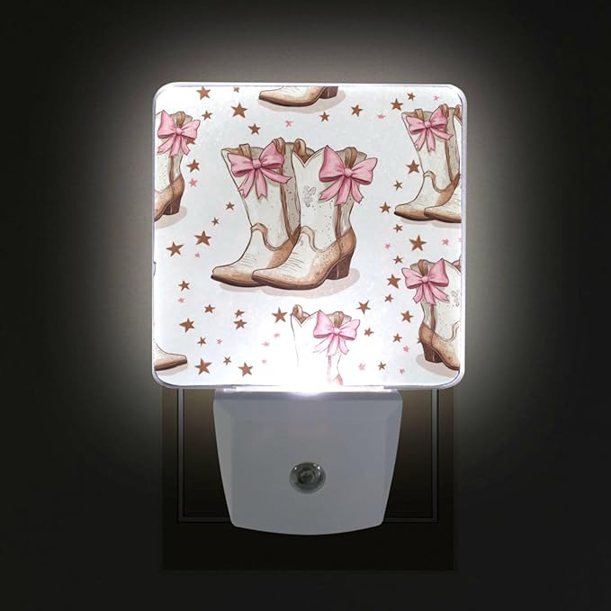 Pigsaly Led Night Light Cowgirl Boots Bows Night Light Plug in Wall Lamp Smart Dusk to Dawn Sensor Nightlight Led Lamp Energy Saving Lights Gift for Kids Room Bedroom Bathroom Hallway