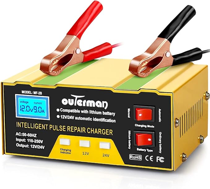 Outerman Car Battery Charger 12V 24V Lithium Battery Charger, Auto Battery Charger Maintainer for Car Boat Motorcycle Lawn Mower Lead Acid Battery or Lithium Battery Capacity: 6AH~105AH