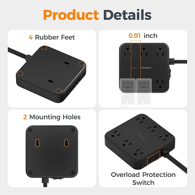 TESSAN Flat Plug Extension Cord 15 Ft, 2100J Surge Protector Power Strip with 6 Outlets and 4 USB Ports (2 USB C), PD 20W Fast Charger, Multiple Charging Station for Home Office Dorm Room, Black