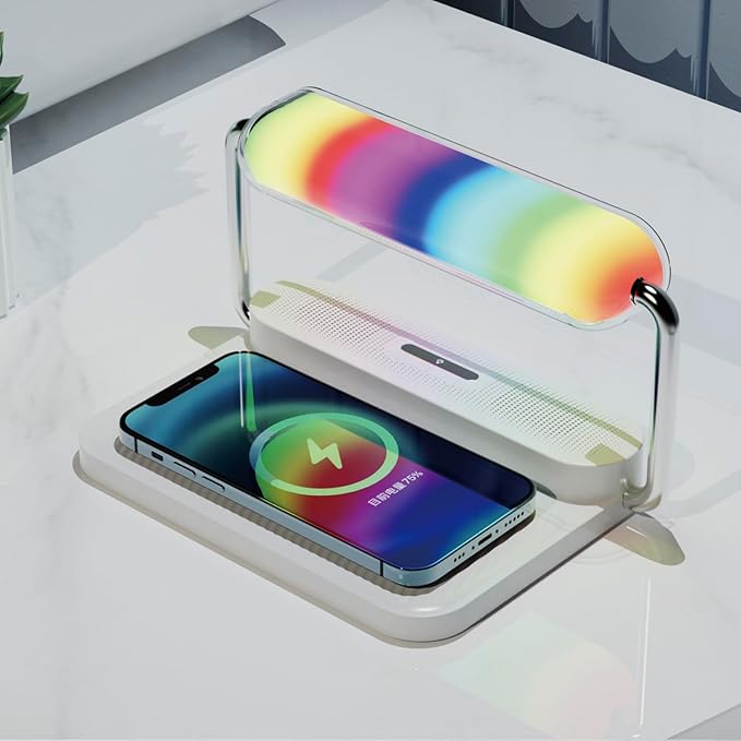 4-in-1 Multifunction Mobile Wireless Charger with Colorful Night Lights, Bluetooth Speaker, Digital Clock Alarm