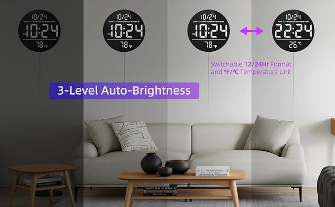 Digital Wall Clock with Large LED Display, Temperature, Auto-Brightness | Small - Image 5
