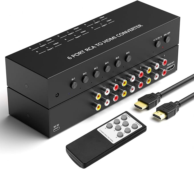 ZUZONG 6 Way RCA to HDMI Converter 1080P/720P RCA Composite CVBS AV Switch to HDMI Converter Adapter Support 4:3/16:9 Switch for Sega Xbox PS1 PS2 PS3 N64 NGC SNES WII VHS VCR Camera DVD