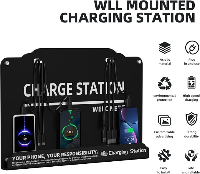 Wall Mounted Cell Phone Charging Station Mobile Phone Charging Station | Fast Charging 8 Device | Compatible with iphone ipad Smartphone Tablets Port | Great for Offices Hotel Hospital Airport (Black)