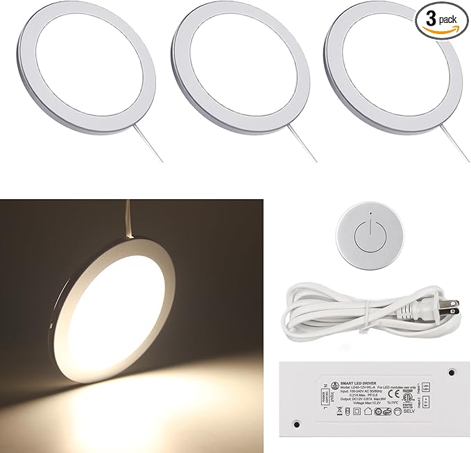 VST Under Cabinet Mini Panel Lighting 3PCS 3.94inch 12V 2.5W(Total 7.5W) with Wireless Dimmer Switch, Surface Mount Puck Light for Kitchen Van Truck Car Galley Downlight (Round White4000K)