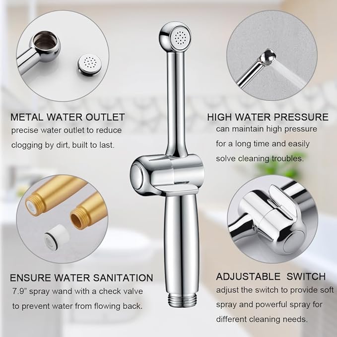 Handheld Bidet Sprayer for Toilet, Hand Held Bidet Attachment, Cloth Diaper Toilet Sprayer Brass 7.9" Bidet Wand, Adjustable Water Jet Spray for Toilet with Backflow Preventer, Chrome