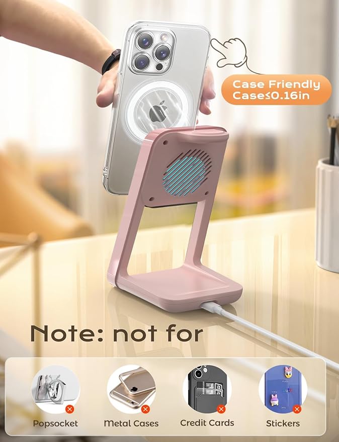 Apor 3 in 1 Charging Station for iPhone, Magsafe Wireless Charger with Cooling Fan for iPhone 17 16e 16 15 14 13 12 Series & Apple Watch Charger, Wireless Charging Station for AirPods 4/3/Pro (Pink)