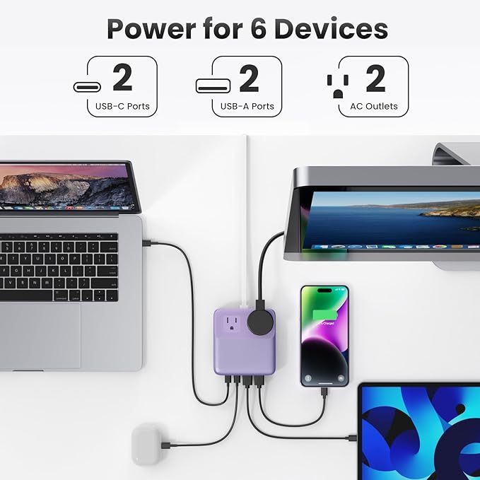 USB C Charger Block,135W GaN Fast Charging Station Hub,6-in-1 USB C Power Strip with 5ft Cord,2 AC & 2 USB A & C,PD 65W Laptop Charger for MacBook Air/Pro,iPhone16 (Purple)