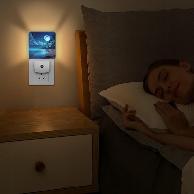 YKJAHSD Moon Beach Night Light, Plug into Wall Decor Nightlights for Bedroom, Bathroom, Hallway, Kitchen, with Dusk to Dawn Light Auto Sensors LED Night Lights for Boys Girls Women Men Room Gifts