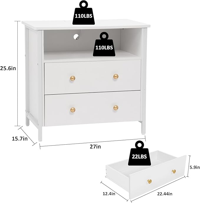 Tykacna 27 Inch Wide Night Stand, Large Wood Night Stand with 2 Drawers, LED Nightstand with Charging Station and Adjustable Drawer, Bedside Table for Living Room/Bedroom/Study/Office, White.