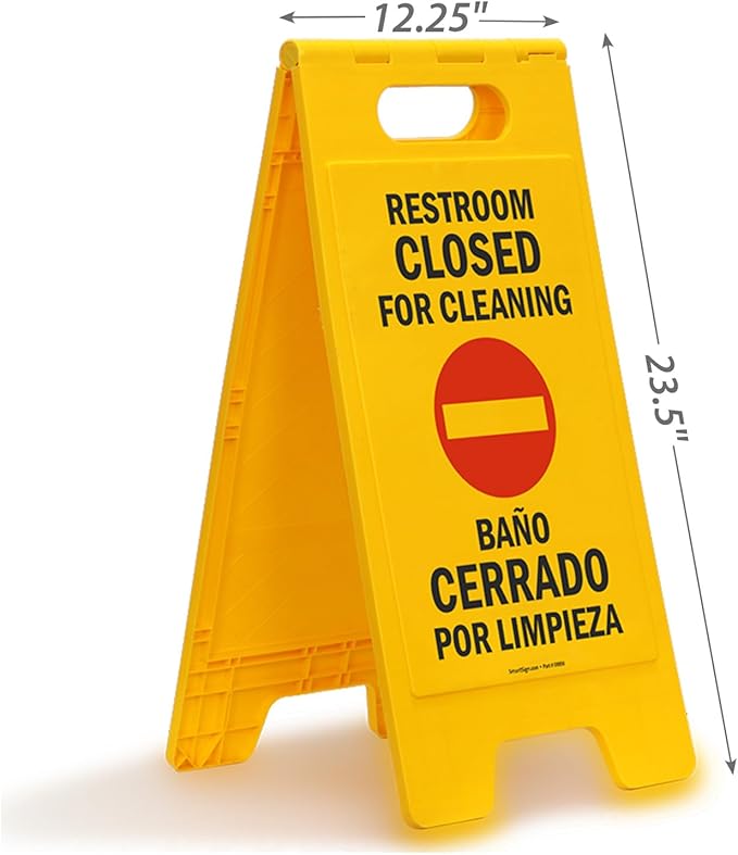 SmartSign 25 x 12 inch “Restroom Closed for Cleaning" Bilingual Two-Sided Folding Floor Sign, Plastic, Red, Black and Yellow