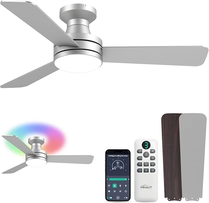 Homlit 42 inch RGB Ceiling Fan with Light, Smart App & Remote Control Low Profile Flush Mount, Music Sync Lighting, 6-Speed Quiet Reversible DC Motor, 4CCT Dimmable for Home Office Party, Silver