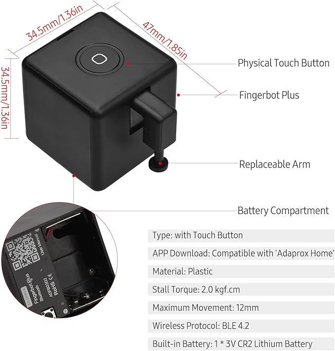 Irfora Mini BT Fingerbot Home Automation Controller with Touch Button APP Control Voice Control Schedule Timer Fingerbot Home Appliances Switch Pusher Smart Controller (BT Gateway Required)