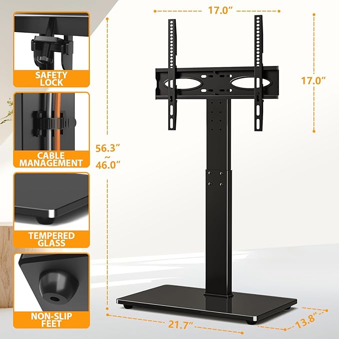 TAVR Universal Floor TV Stand Base for 32-75 Inch TVs up to 110 Lbs with Swivel Height Adjustable Mount, Black Tempered Glass Base for Media Storage and Space Saving