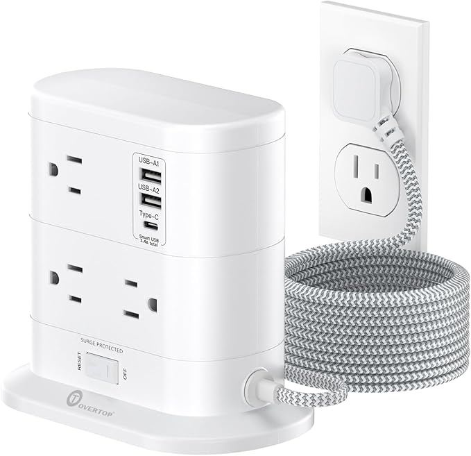 Overtop Tower Power Strip with Surge Protection, Nightlight Flat Plug Power Strip with 7 AC Outlets 3 USB Ports, 1625W/13A 1600J, 6.5Ft Extension Cord with Multiple Outlets, Office Supplies, Dorm