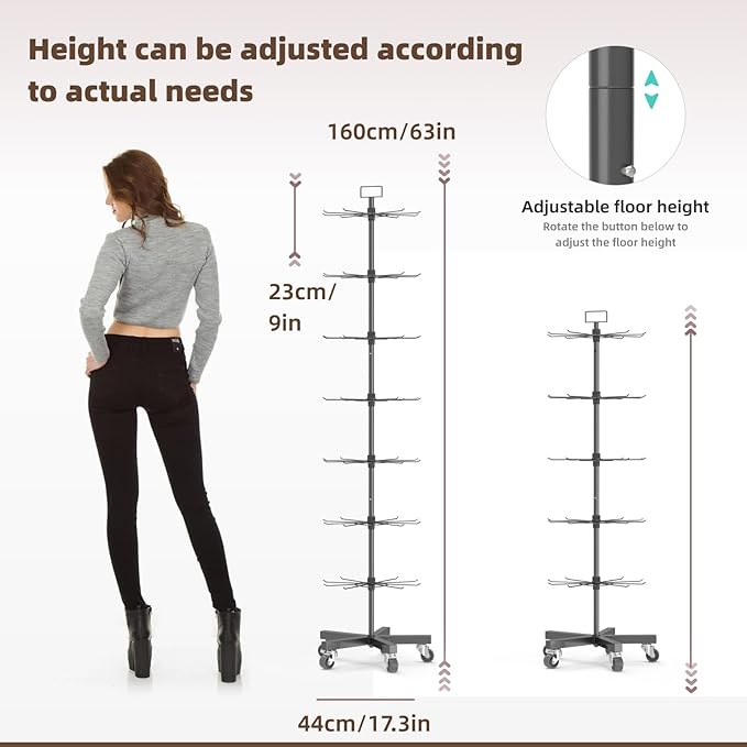 YEOOE Upgraded Retail Display Stand 7 Tier Spinning Display Stand, Movable Shop Spinner Rack with Hooks, Retail Display Racks for Jewelry Keyring Hats Socks Toys (Black)