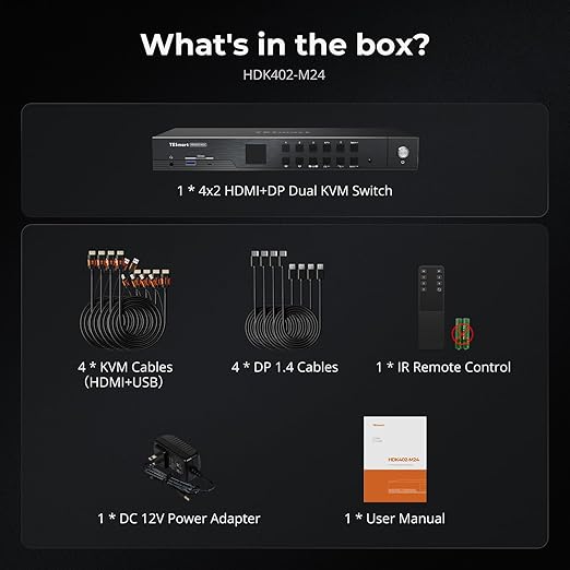 TESmart 4K@144Hz Displayport+HDMI KVM Switch 2 Monitors 4 Computers, HDMI 2.1 & DP 1.4 KVM Switch Dual Monitor 8K@60Hz, Support EDID, Gigabit Network, Hotkey Switch, VRR, All Input Cables