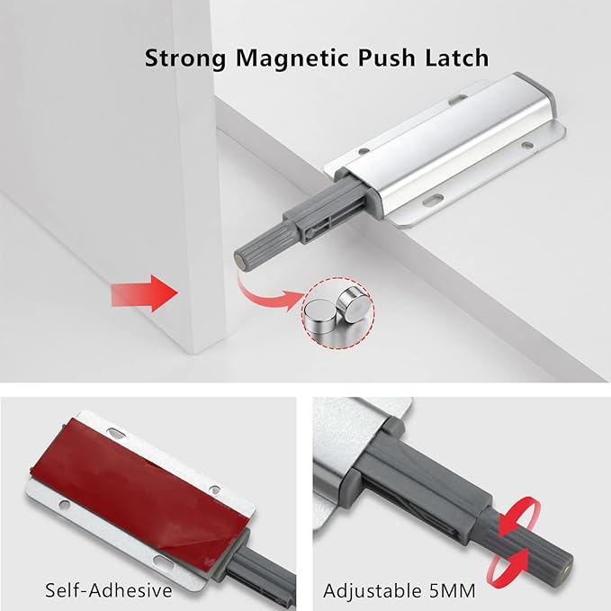 Push to Open Door Latch, 2 Pack Magnetic Push Latches, Adhesive Heavy Duty Touch Latch Hardware for Push to Open, Magnetic Door Catch for Cabinet Drawer Wardrobe Kitchen Door