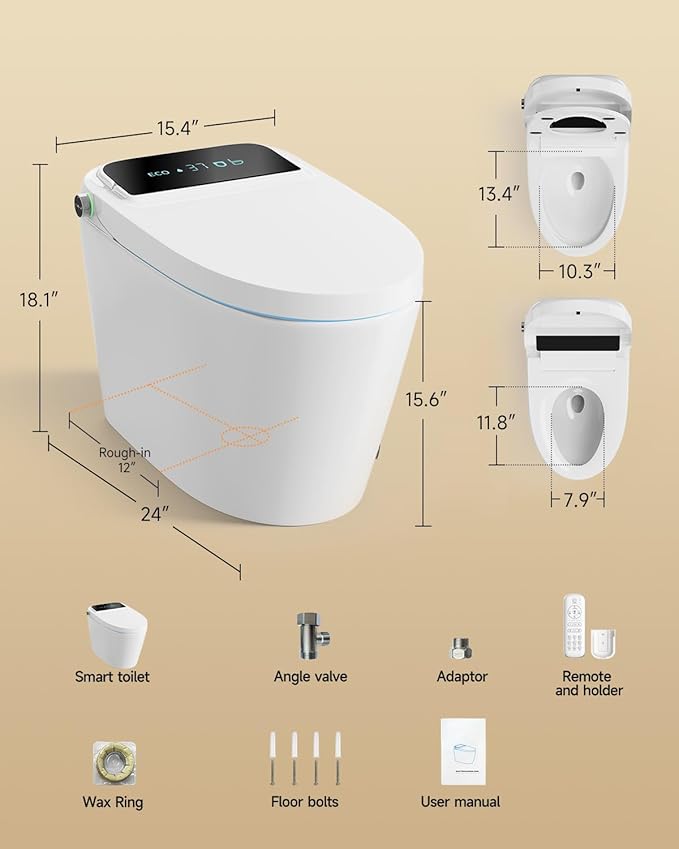 WANSID Smart Toilet with Bidet Built-in and Tankless, Auto Open/Close, Heated Seat, Instant Warm Water & Dryer, Foot Sensor Operation, Elongated One-Piece Modern Toilet for Bathroom, Digital Display