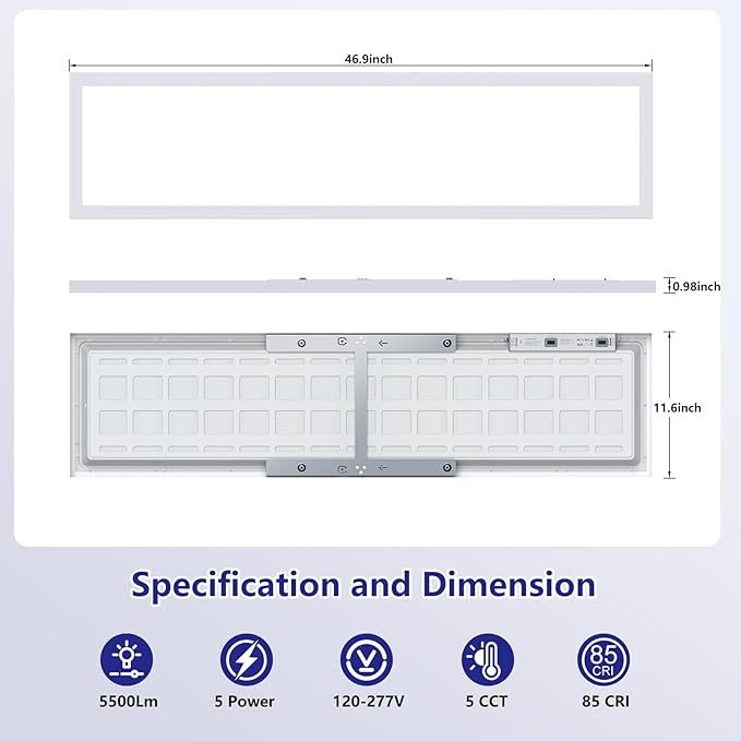 AIKVSXER 1x4 Led Flat Panel Light Surface Mount-2 Pack, 50W 5500Lm Dual Selectable 5CCT 3000K/4000K/5000K/5700K/6500K and Wattage 30-50W 0-10V Dimmable Ceiling Light Fixture for Kitchen/Laundry
