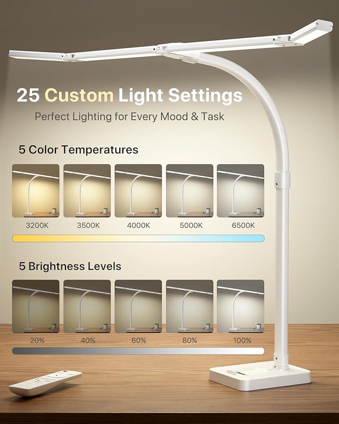 ONEMIX 42" LED Desk Lamp for Home Office, Eye-Caring Desk Light with Adjustable 4-Segment Bar, 1800LM Bright, Remote, Architect Table Lamp with Base for Dual Monitors, Reading, Study, Workbench(White)