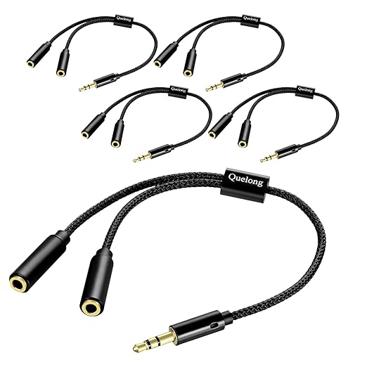 Quelong 5Pcs Headphone Splitter, Dual Headphone Nylon Braided Extension Cable, Hi-Fi Audios Stereo Y Splitter 3.5mm 2 Female 1 Male, Suitable for Phones, PS4, Amplifiers, Smartphones, Tablets,etc.