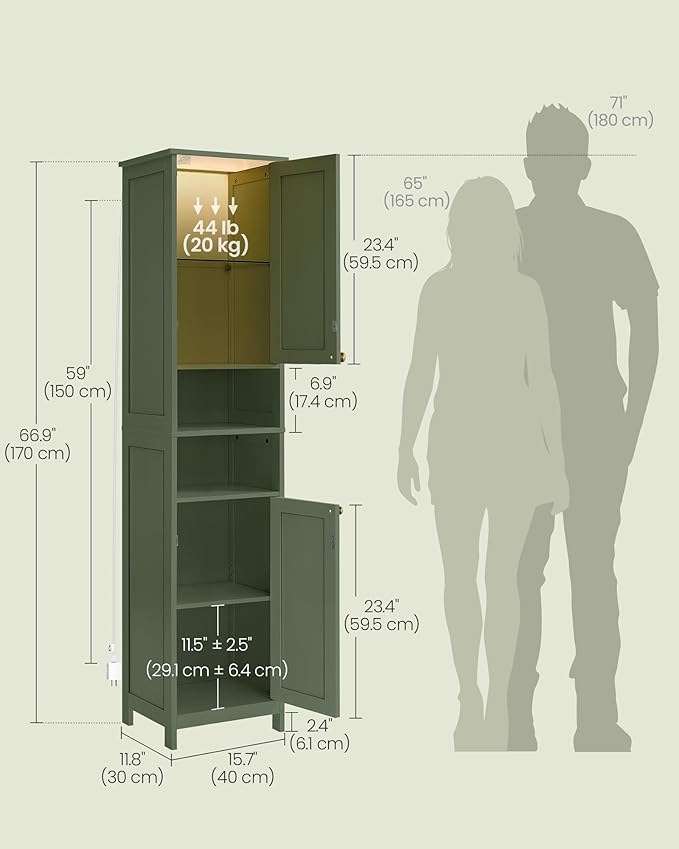VASAGLE Tall Storage Cabinet with Lights, Slim Freestanding Cabinet with Adjustable Shelves, for Small Spaces, Bathroom, Living Room, Modern, 15.7 Inches Wide, Forest Green UBBC766C01