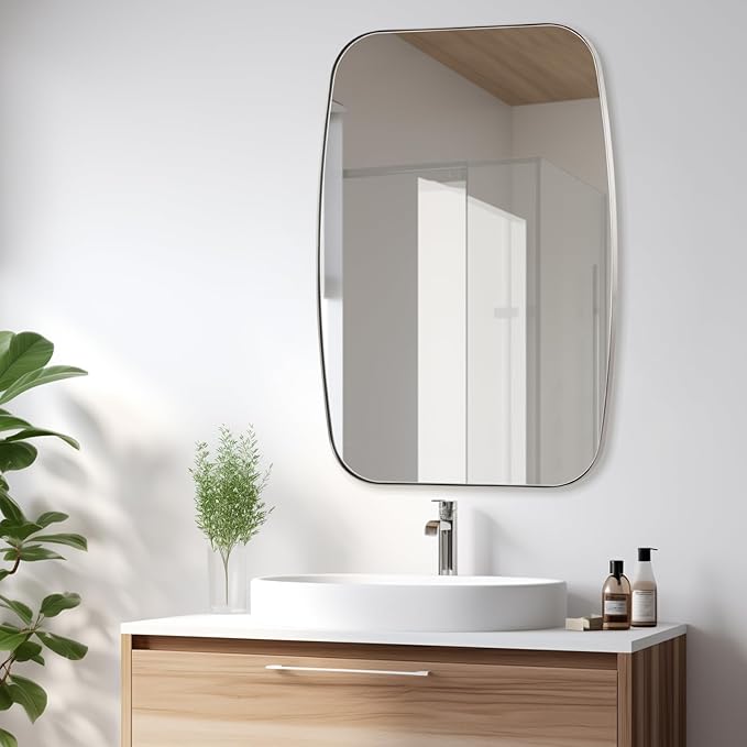 Brushed Nickel Bathroom Mirror, 20"×30" Oval Vanity Mirror with Stainless Steel Metal Frame, Silver Oblong Wall Mount Mirror for Bedroom, Living Room