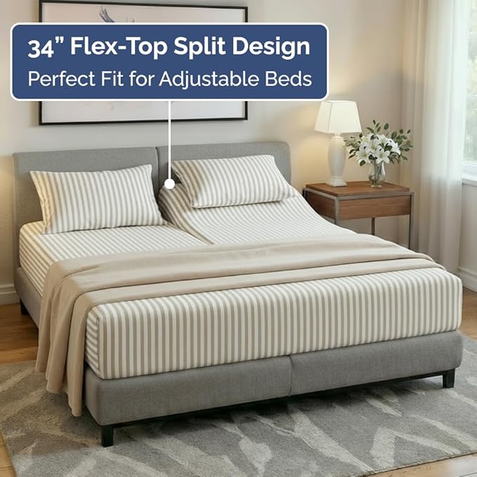 Split Head King Sheet Set – 4 Piece Flex Split Top King Sheets for Adjustable Beds - Fits 14” to 16" Mattress w/ Deep Pockets - Breathable & Cooling - Luxury Bedding and Wrinkle Free - Beige Stripes 2
