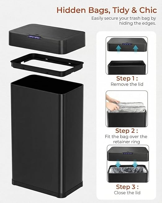 TLSUNNY 16 Gallon Motion Sensor Trash Can,Touchless Automatic Garbage Can,Brushed Stainless Steel Smart Bin,with Bag Holder,Soft Close Lid,for Kitchen,Office,RV,Bedroom,Living Room (Black, 60L)
