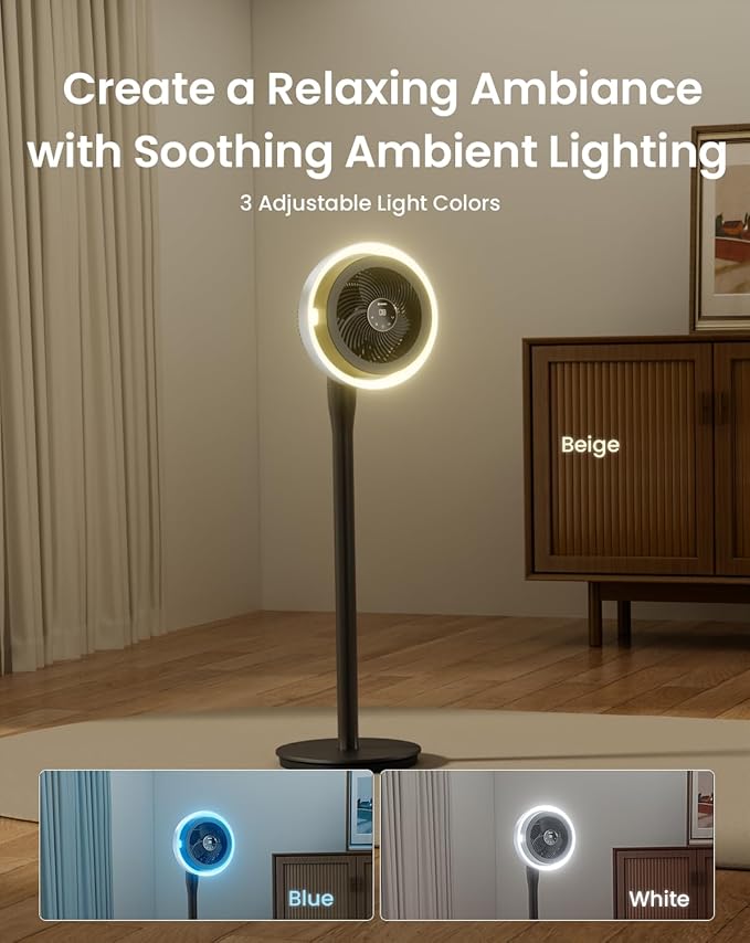 AIRMATE Standing Fan for Bedroom, (60°/90°/120°) Oscillating Fan with Light, Digital Display, (12-43") Adjustable Height, 16 Speeds, 12H Timer, 25dB, 92ft Quiet Pedestal Fan with Remote, DarkGrey