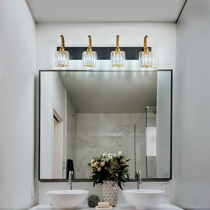 FDPBY 4-Light Crystal Vanity Light, Modern Black Gold Bathroom Wall Sconce with K9 Crystal Shades, 32.67" Long Over Mirror Lighting for Vanity, Makeup, Hallway, Elegant & Easy Install