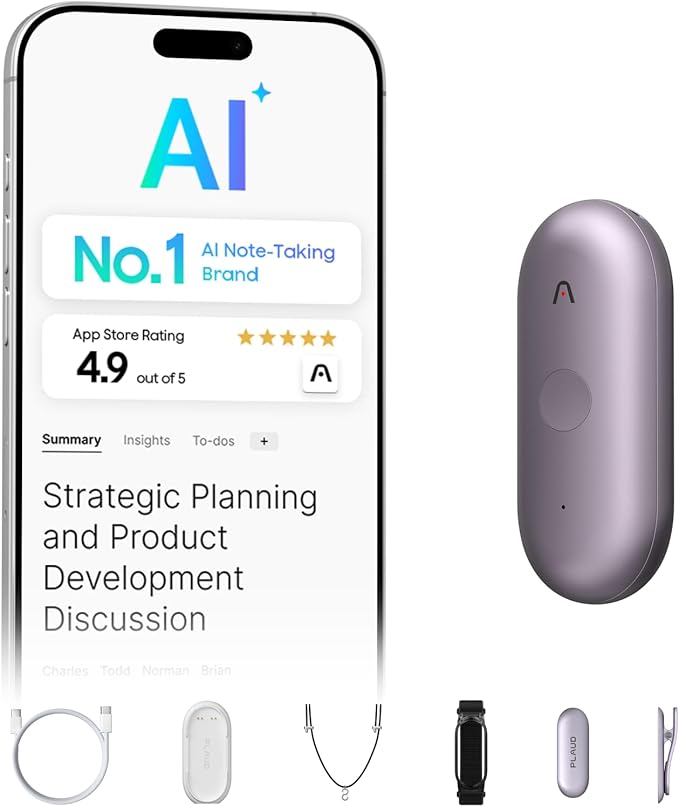 Plaud NotePin S AI Voice Recorder, Wearable AI Notetaker, AI Transcribe & Summarize, Support 112 Languages, 64GB Memory, Audio Recorder for Meetings Interviews with 4 Accessories, Purple