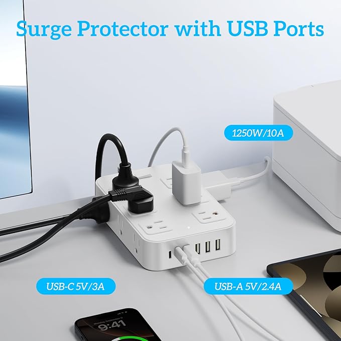 Solidock Flat Plug Power Strip Surge Protector with 12 AC Outlets 6 USB Ports 3 Side Multi Plug Outlet Extender 15 Ft Extension Cord for Home Office Kitchen Dorm Wall Desk Charging Station ETL Listed