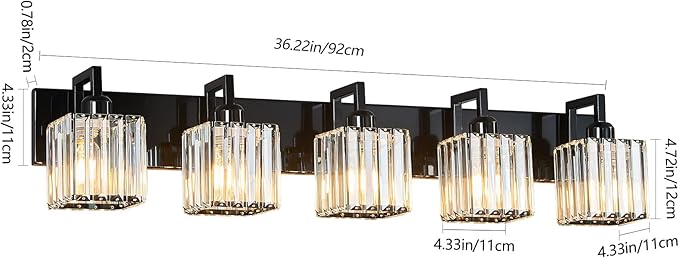 FDPBY Modern Bathroom Vanity Light 5-Lights Plating Black Vanity Light Crystal Wall Light Bathroom Light Fixtures