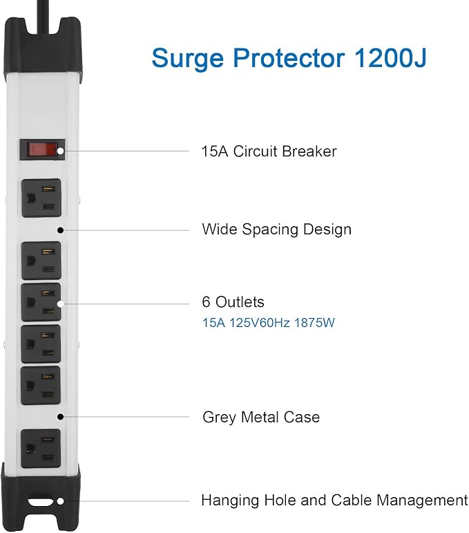Heavy Duty Power Strip Surge Protector - 6 Outlet Industrial Strip with 15A, 25 FT Cord, 1200 Joules - ETL Listed Grey Metal for Shop, Workshop, Garden