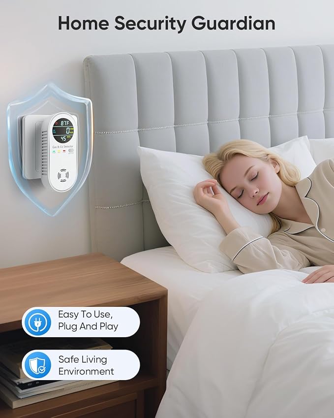 Vilfet Carbon Monoxide Detectors & Natural Gas Detector, 4-in-1 Carbon Monoxide Detectors Plug in, Gas Leak Detector with Dual Alarms, Temperature & Humidity Sensor for Home, RV, White, 1 Pack