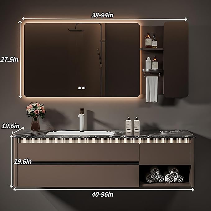 Modern Bathroom Vanity - Spacious Deep Sink | Defogging LED Mirror & Human Body Sensor Light, Open Side Panel, Floating Smart Bathroom Vanities (80IN)
