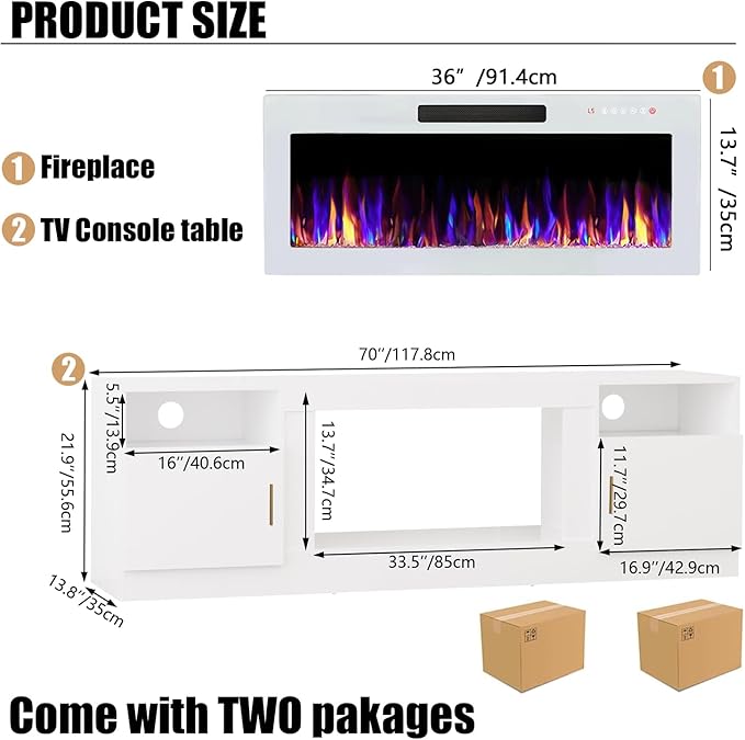 VITESSE TV Stand Fireplace with 36" inch Electric Fireplace Up to 80" TVs, LED Light Entertainment Center, 70" Modern Wood High Gloss with Highlight Storage Cabinet for Living Room (White)
