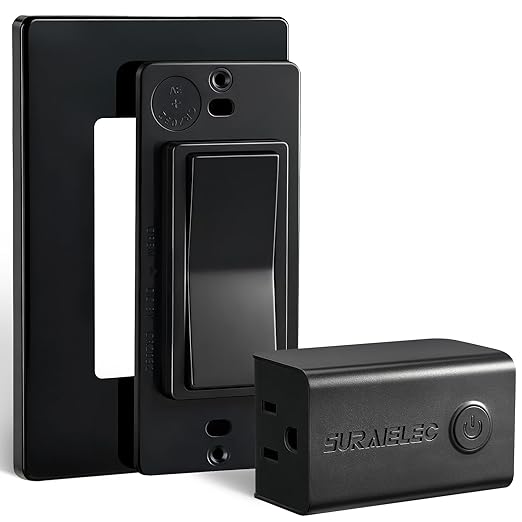 SURAIELEC Remote Control Outlet, Wireless Light Switch, Decorator Rocker Wall Switch, 15 AMP, 100ft RF Range, No Wiring No WiFi, for Plug in Pendant Light, Lamp, Small Electrical Appliance, Black