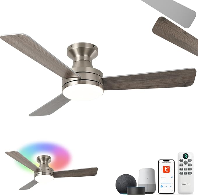 Homlit 42" RGB Ceiling Fan with Light, Music Sync Smart Fan with Alexa/Google/App Control, Low Profile Flush Mount, 6-Speed Quiet DC Motor, 4 CCT Dimmable Lighting for Bedroom Living Room