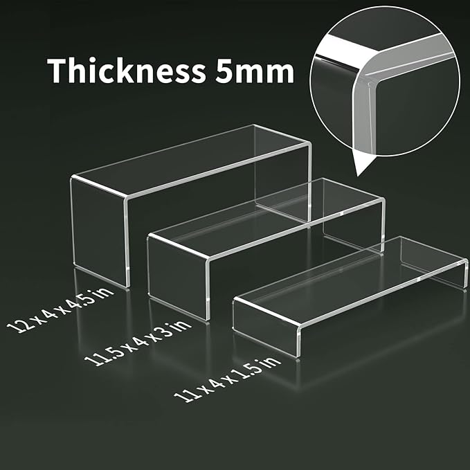 HIIMIEI Acrylic Display Riser, 3 Step 12" Large Acrylic Risers, Thickened to 5mm Clear Rectangular Display Shelf for Cupcake Stand, Tiered Display Stand for gemstone, curio, figurines, Collectibles